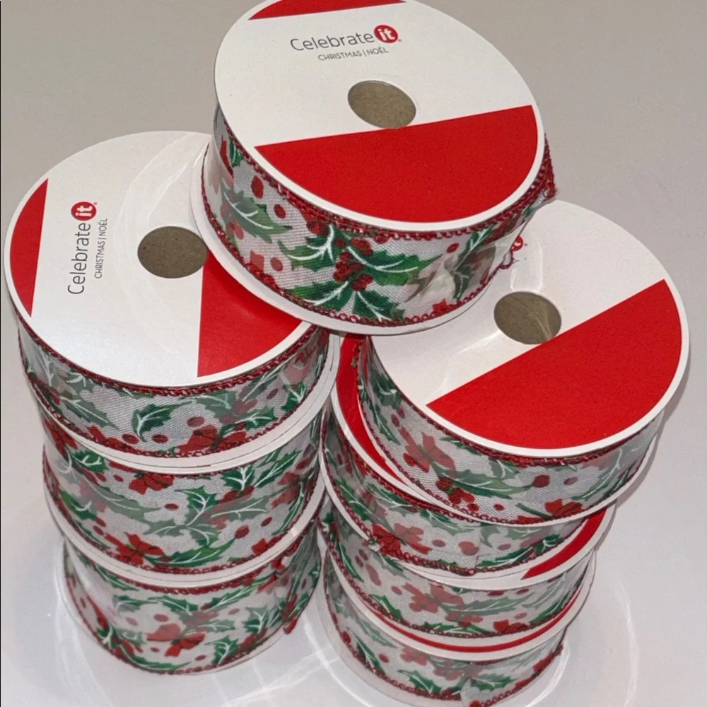 Festive Holly Print Ribbon Red and Green Holiday Ribbon Wired Edge Trad Ribbon